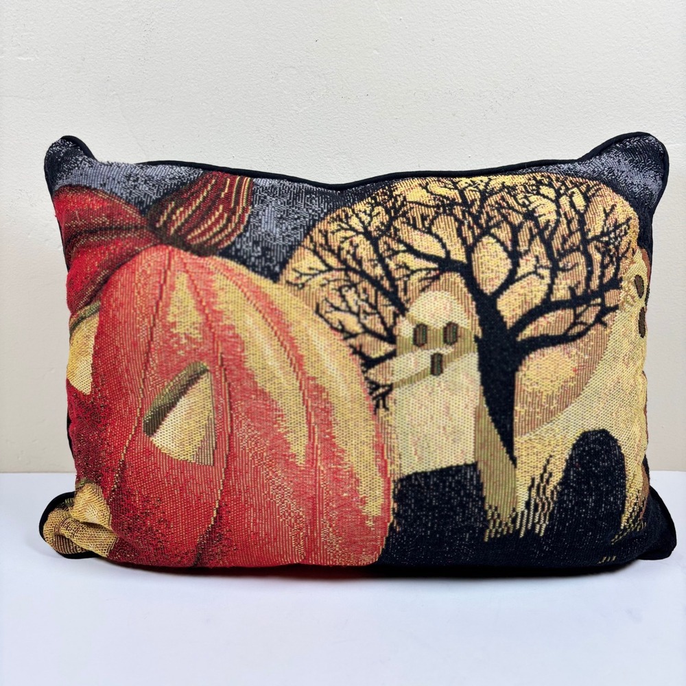 Vintage 90s Halloween‎ Tapestry Throw Pillow Pumpkin Ghost Haunted House 18x14